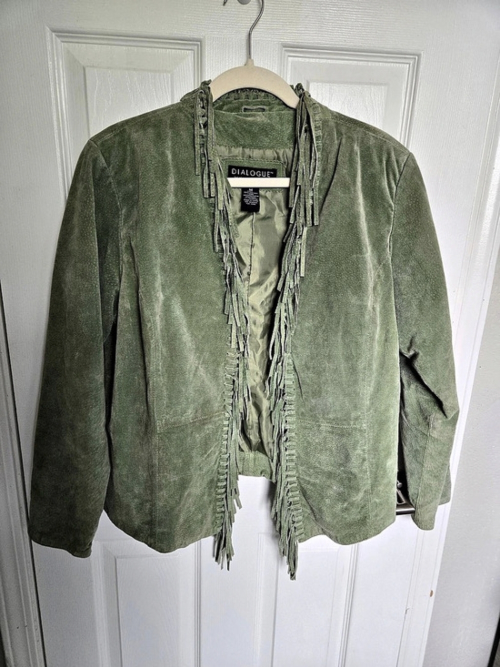 Dialogue Sage Green Leather Fringe Jacket Size Medium